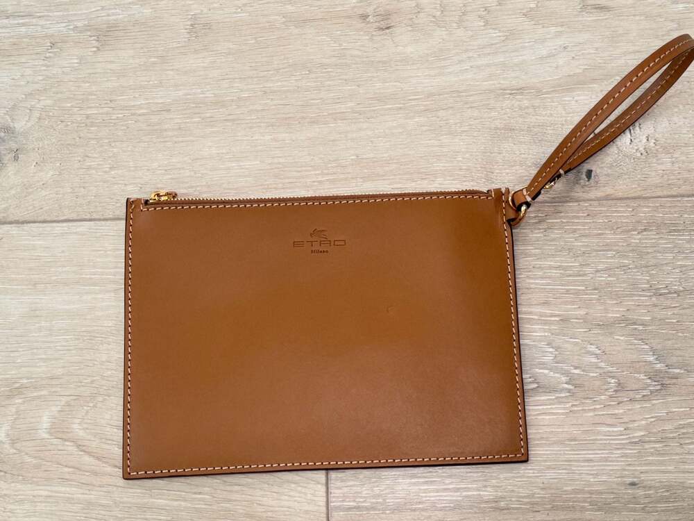 ETRO Milano Camel Leather Wristlet Clutch Quiet Luxury Designer Pouch